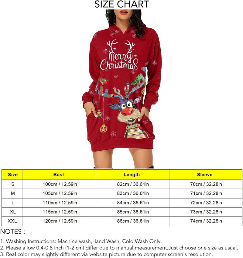 woobles Hoodie Dress, Womens Hoodie Dress Christmas Pattern Print Polyester Casual for Shopping - Image 3